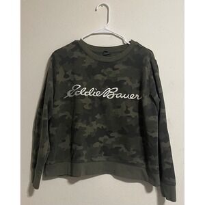 Eddie Bauer Womens XL Camo Sweatshirt Green Silver Script Logo Pullover XL